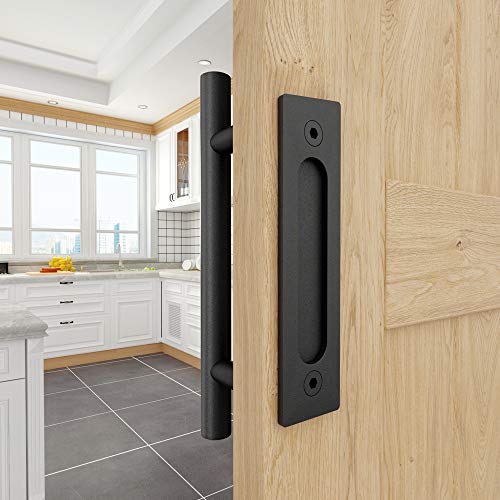 WINSOON 12" Sliding Barn Door Handles Black Hardware with Flush Finger