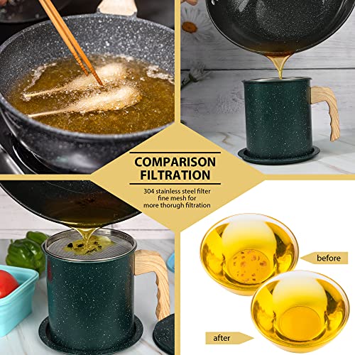 Bacon Grease Container with Strainer 1.4 L / 6 Cup Stainless Steel Kitchen Oil Can Filter with Fine Mesh Strainer, Lid and Drip Tray for Used Cooking Oil, Fat, Frying Oil (DARK GREEN)