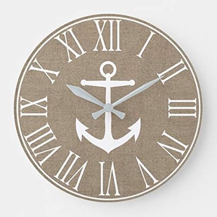 Wall Clocks Home Decor Nautical Elegant Faux Burlap White Anchor