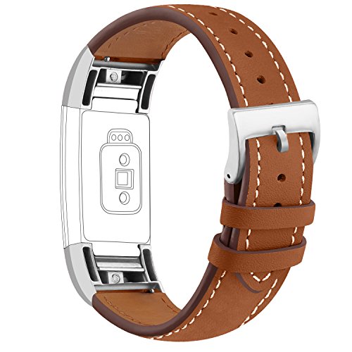 iGK For Fitbit Charge 2 Bands, Genuine Leather Replacement Bands for Fitbit Charge 2 New Brown with Metal Connectors