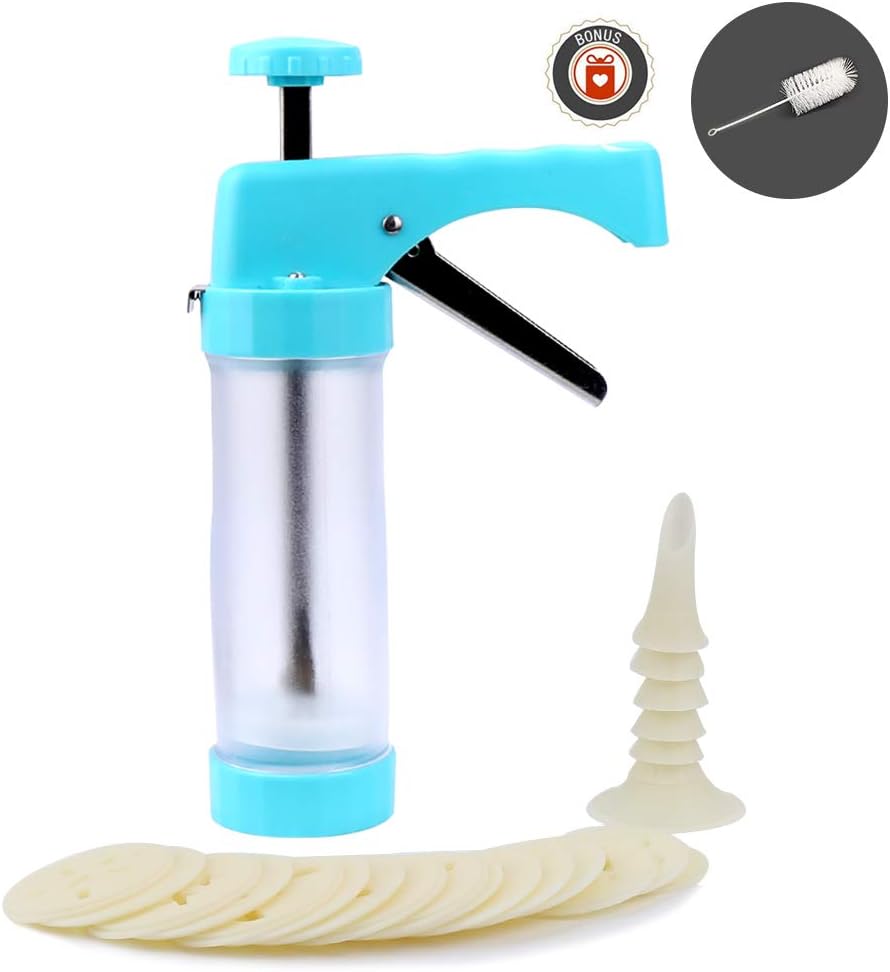 Clear Cookie Press Gun Kit Multifunctional DIY Biscuit Maker Decorating Set for Christmas Birthday Baking- Includes 16 Molds and 6 Nozzles (Blue)
