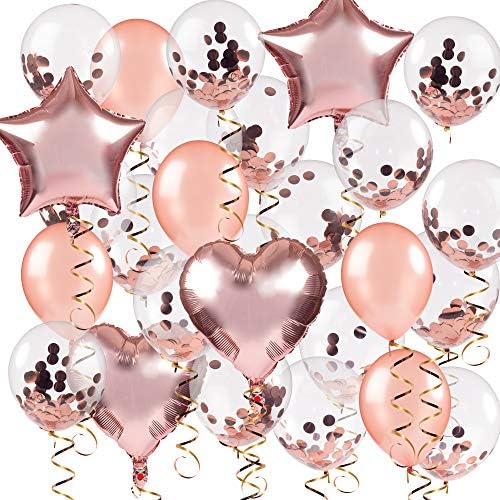 PARTY FISH Set of 30 Rose Gold Balloons Mixed Set of Confetti Balloons, Latex Balloons and Foil Balloons with FREE Ribbon included