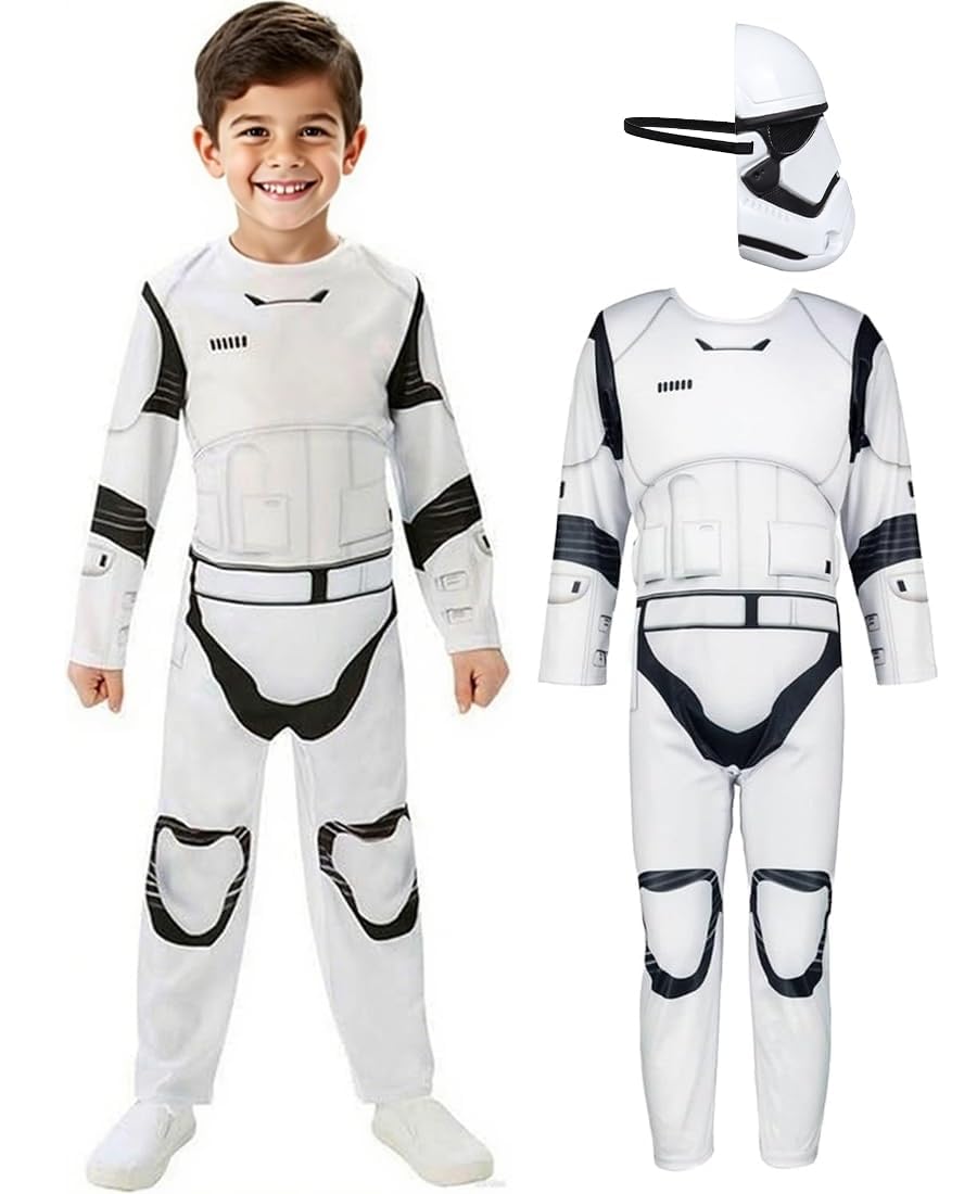 SINSEN Storm Costume Trooper Kids Jumpsuit Mask White Soldier Costume Halloween Cosplay Outfits Uniform for Boys 4-12 Years