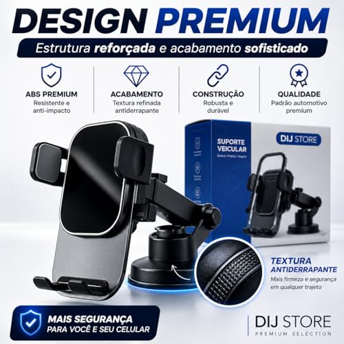 Suporte Celular Veicular para Carro 360° Premium, Ventosa Ultra Forte, Antivibração, Sistema Antiqueda Reforçado, Ajuste 4 Eixos, Fixação Firme no Painel e Vidro, Compatível com Todos Celulares