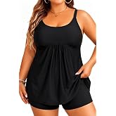 Women's Plus Size Tankini Swimsuit 2 Piece Flowy Top with Boy Shorts | Stay-Put Reinforced Hem Band, Supportive Custom Fit, A-Line Loose Fit, Tummy Control Bathing Suit, Beach to Resort