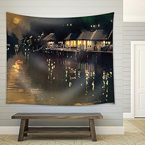 Illustration - Village Beside River,Night Scene Landscape,Illustration - Fabric Wall Tapestry Home Decor - 51x60 inches