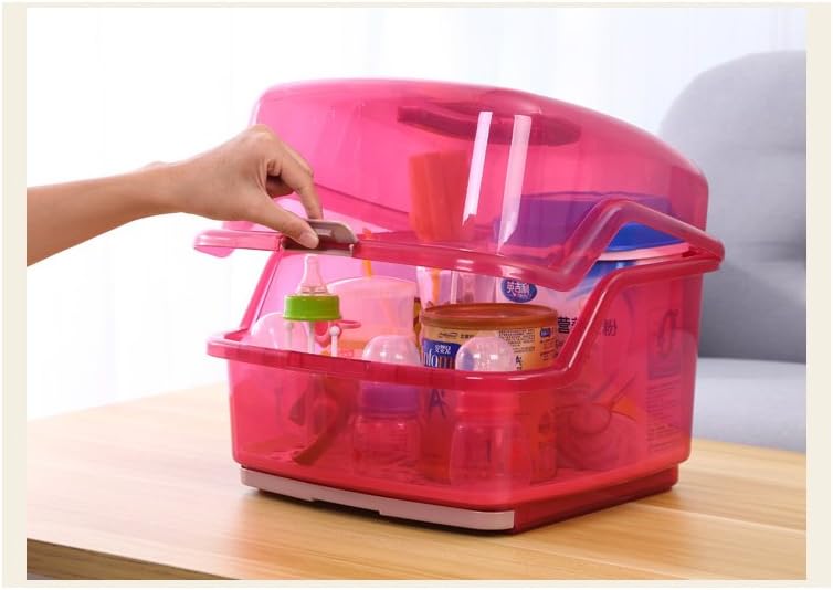 Baby Feeding Milk Bottle Drying Rack With Dust Cover,Multifunctional Portable Baby Milk Bottle Storage Box Pink