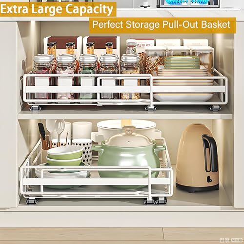 TOJUNE 2 Removable Kitchen Drawers with Sliding Rails (Set M+L) | Adjustable Width Expandable, Self-Adhesive/Drills with Nano Film for Kitchen, Pantry, Living Room (White)