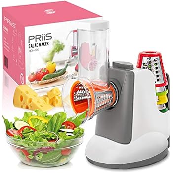PRiiS Salad Shooter Electric Slicer Food Processor Salad Machine Carrot Cheese Nut Grater Rotary Shredder, One-Touch Control & 5 Free Stainless Steel Cones Blades, Fitness Molding Fat loss (Grey)