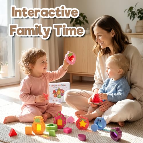 jerryvon Montessori Toys 1 Year – Baby Toy 1 Year Wooden with 8 Fruits and Vegetables to Fit and Stack – Original Gift Baby Girl Boy 1 2 3 Years – Toys Children 1 Year Educational Toy