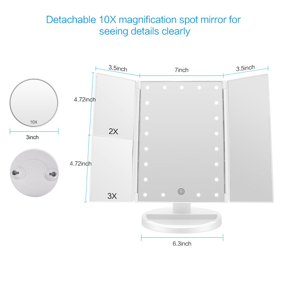 FASCINATE Lighted Makeup Mirror with 21 LED Lights Touch Screen Dimming, Tri-Fold 3X/2X/1X Magnification 180 Degree Rotation Vanity Mirror (White)