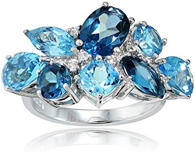 Ice Gems Sterling Silver Genuine London Blue, Swiss Blue and White Topaz Cluster Tonal Ring
