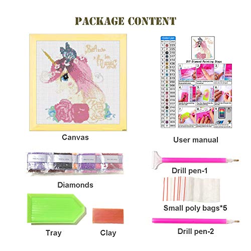 Diamond Painting Kits for Adults, 5D Full Drill Round Gem Paint Kit by Numbers, Rainbow Unicorn Arts Craft for Home Wall Decor(Pink, 11.8Wx11.8L)