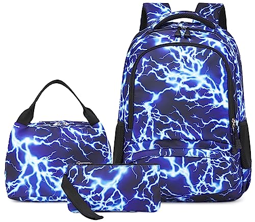 AM SeaBlue Boys Backpack Middle School Bookbag Set Elementary Lightweight Lightning (7-Blue 3PC)