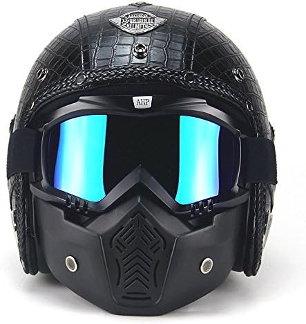 PU Leather Harley Helmets 3/4 Motorcycle Chopper Bike Helmet Open Face Vintage Motorcycle Helmet with Goggle Mask Black /XL(61-62cm)
