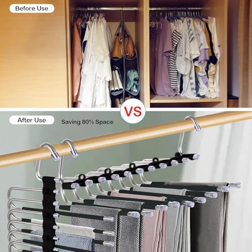 2 Pack Upgrade 9 Layers Pants Hangers Space Saving, Non-Slip Clothes Hangers for Wardrobe, Multifunctional Clothing Rack for Closet Storage, Ideal for Jeans, Pants, Skirts, Scarves & Slacks (Black)