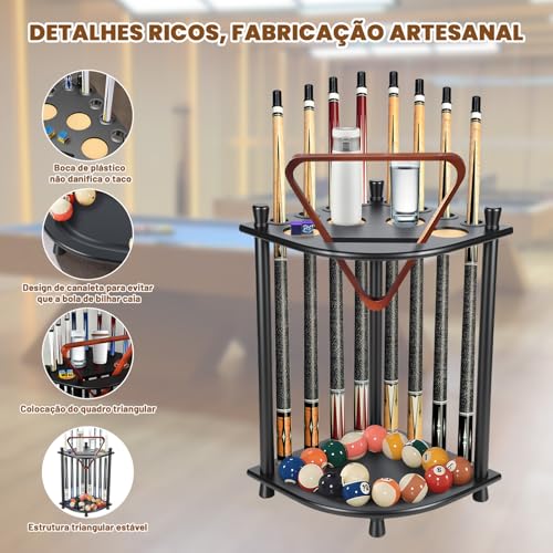 Suporte de Pau de Piscina, Suporte para Taco de Piscina de Chão, Suporte para Taco de Sinuca, Apenas Suporte para Tacos, Comporta 8 Bastões de Piscina e um Conjunto Completo de Bbolas