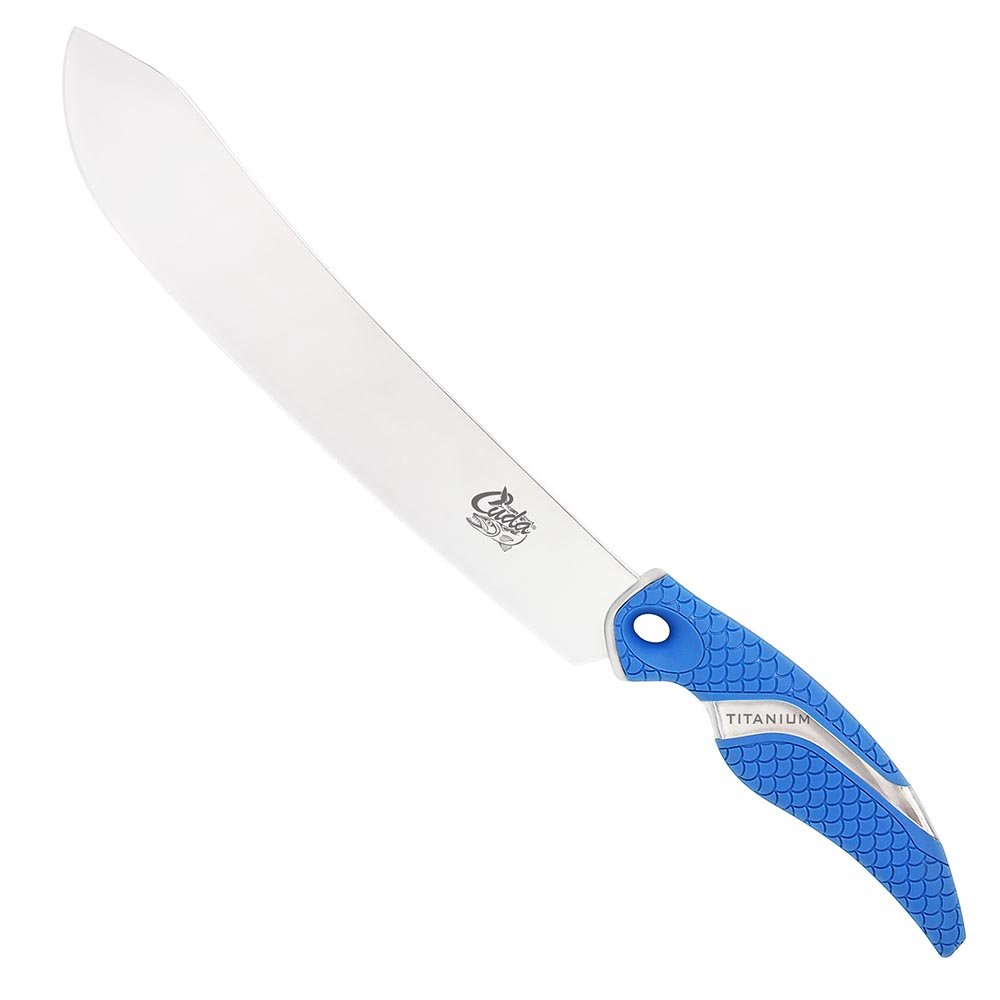 Photo 1 of CUDA 10" Butcher Saltwater Wide Blade Oversized Backbone Titanium Bonded Corrosion Resistant Stainless Steel Fish Knife with Non-Slip Scale Pattern Grip, Blue