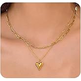 Navirix Double Layered Gold Heart Pendant Necklace Set for Women Adjustable Paperclip Chain Choker Necklaces Dainty Cute Love Necklaces Jewelry Accessories