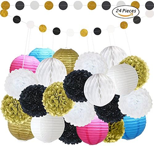 Tissue Paper Flowers Tissus Pom Poms with Paper Lantern and Honeycomb Balls for Holiday, Birthday, Weddings, Party Decoration - 24 Pcs