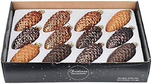 EssenceLiving Set of 12 Pinecone 1.7" x 4" Glass Ornaments Hanging Pine Cone Shape Christmas Decorations for Christmas Tree, Wedding Event Centerpieces(colour scheme 5)