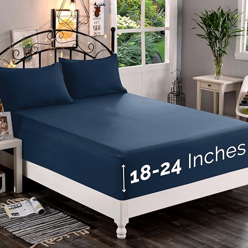 Elegant Comfort 1500 Premium Quality Fitted Sheet Ultra Soft 18-24 Inch Extra Deep Pocket - Single Fitted Sheet for High Mattress - Wrinkle Free with Smart Storage Pockets, King, Navy Blue