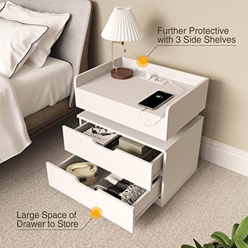 Rolanstar Nightstand with Charging Station and LED Lights, Modern End Side Table with 2 Drawers