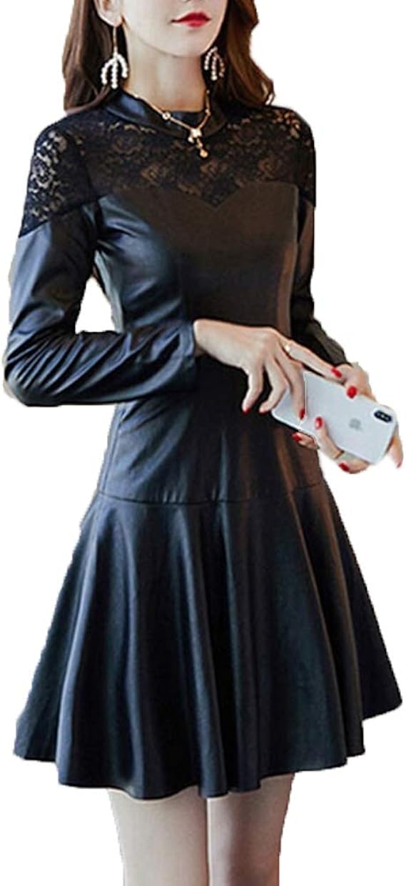 Amazon Co Jp 美しいです 春夏秋 レディース 透かし彫り レザーワンピース 長袖 フォーマル 膝上 セクシー ハイウエスト 披露宴 お呼ばれ パーティー スリム カジュアル 着痩せ ドレス Aライン 気質 服 ファッション小物