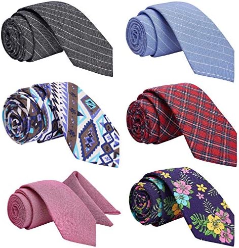 Mens Ties,Tsheoul Lot 6 PCS Classic Cotton Handmade Skinny Neck Tie Sets for Men