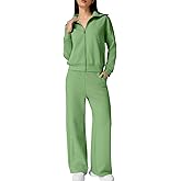QINSEN Women's Cotton 2 Piece Outfits Lapel Long Sleeve Zip Up Sweatshirt Wide Leg Pants Matching Tracksuit Sets