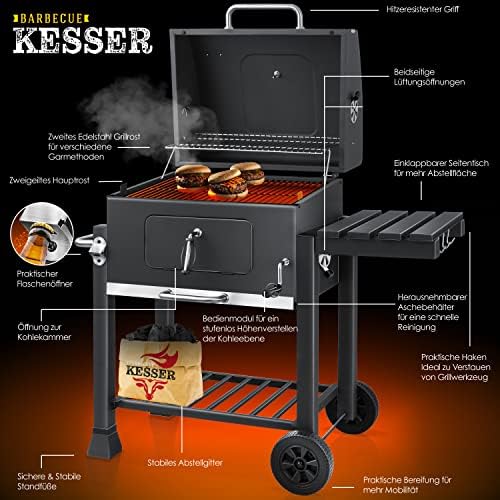 ® Chariot à Barbecue | Grill XL à Charbon de Bois avec Couvercle, Roues, poignée en Acier Inoxydable, Grille et thermomètre | Grand Barbecue au Charbon de Bois