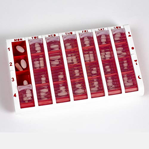 Red Pivotell Weekly Pill Organiser - 7 Day (28 compartments / 4 doses a Day) Pill Storage with an Innovative Easy to Open Roller Shutter for Those with Arthritis, Parkinson's and weak Hands