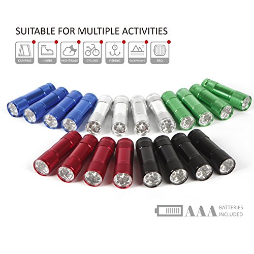 FASTPRO 20-pack Aluminum LED Flashlight Set, 6-LED for brightness, with Lanyard for hang up, 60-piece Batteries Included, with Assorted Colors, Great for Camping, Hiking, Hunting, Fishing and BBQ