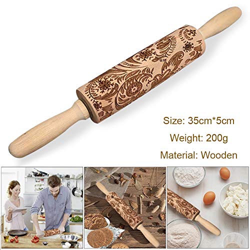 Embossing Rolling Pin Engraving Roller Cookies Decorating Embossed Rollers Pins with Engraved Flower for Baking Dough, Pie, Cookie, Fondant, Pastry, Biscuit (35 x 5cm)