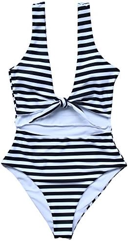 LEESMILE Women Tie Knot 1 Piece High Waist Striped Monokini Sexy Bathing Suit Bikini(M(US Size 4-6),Black)