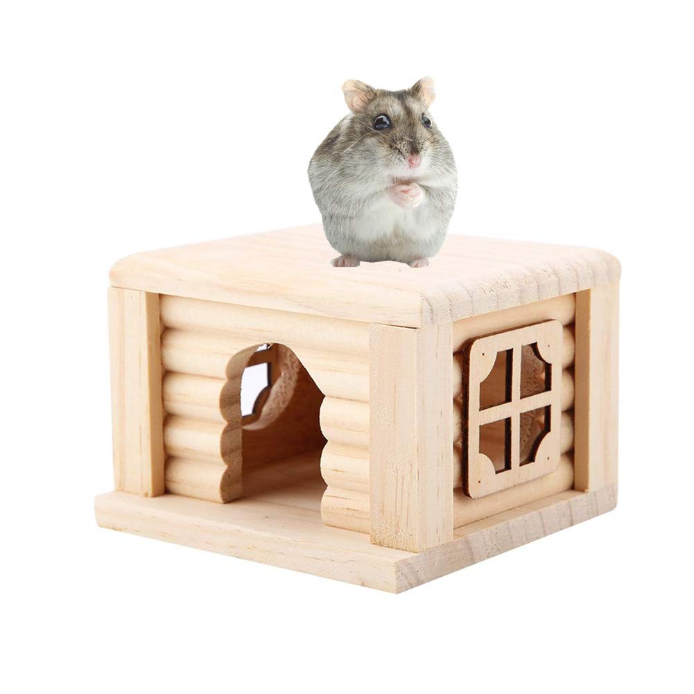 Natural Wooden Hamster House Cabin with Window, Flat Top Small Pet Room for All Hamster Breeds and Small Animals