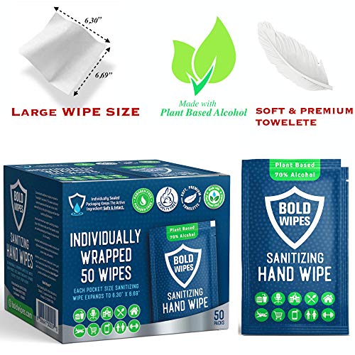 Bold Wipes LARGE Premium Hand Sanitizing Wipes Individually Wrapped