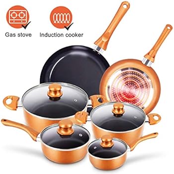 10pcs Cookware Set Non-stick Frying Pans Set Ceramic Coating Soup Pot, Milk Pot, Copper Aluminum Pan with Lid Gas Induction Compatible, 1 Year After sale service