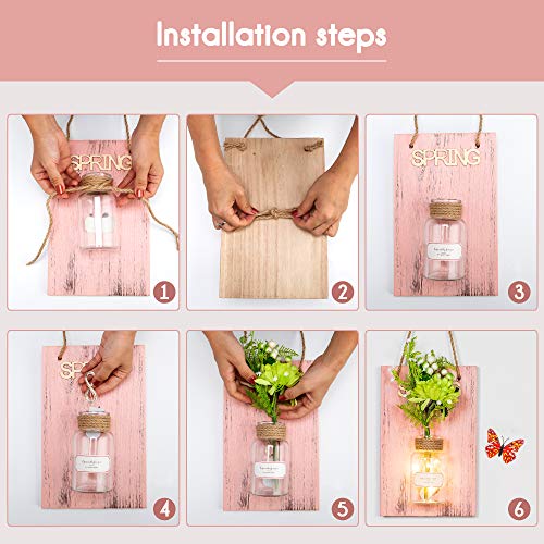 Decorative Artificial Flower Wall Decor - Rustic Wall Hanging Sconces with Mason Jars and LED Fairy Lights 1 Pack - Farmhouse Home Decor(Spring Board with Gerbera)