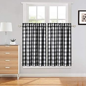 Haperlare Kitchen Curtains, Black and White Buffalo Checker Bathroom Window Curtain, Plaid Gingham Yarn Dyed Cafe Curtains Rod Pocket Half Window Treatment Set Short Curtains, 28