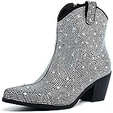 FIFSY Women Rhinestone Cowboy Boots Glitter Chunky Heel Sparkly Cowgirl Ankle Boots black US11 EU42