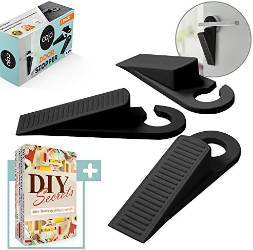 CoJo Premium Rubber Black Door Stopper 3 Pack - All Floor Surfaces Door Stop - Home and Office Flexible Door Stops Non Scratching Strong Grip - Wedge Doorstop Non-Skid Rubber Base Grip