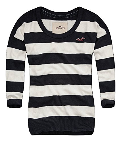 Hollister Womens Striped Three-Quarter Sleeve Pullover Crew Sweater, Navy, Medium