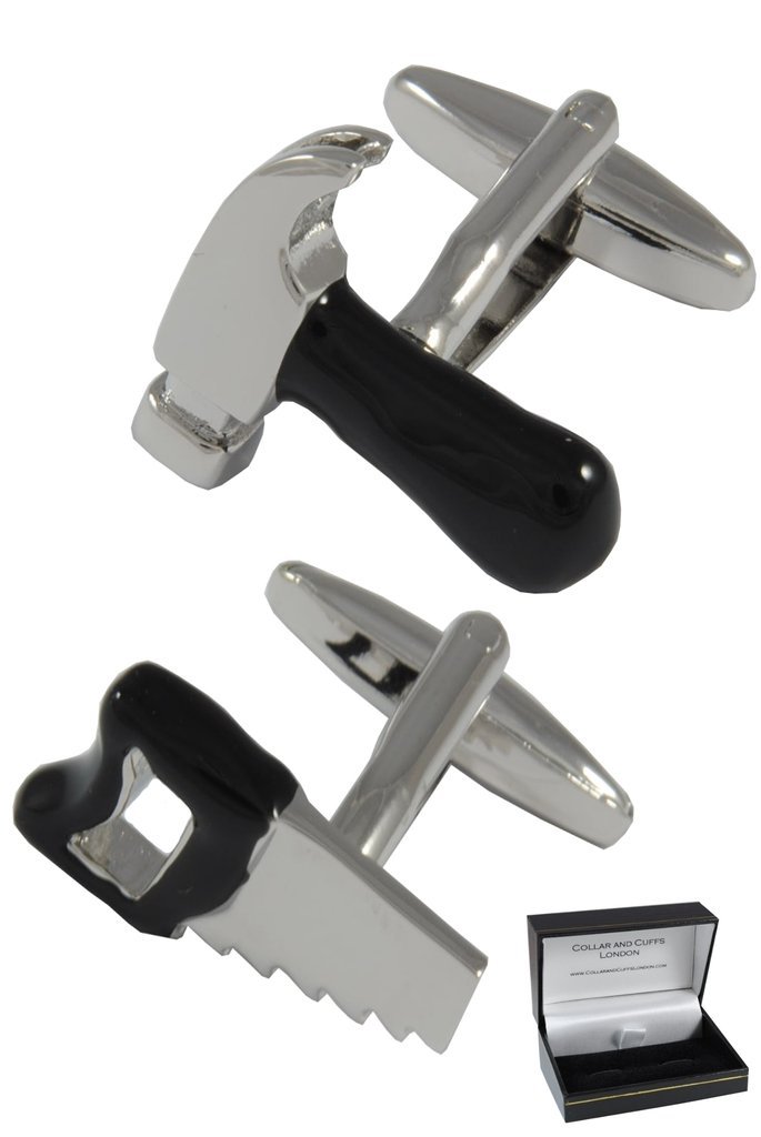 Cufflinks for Men + Presentation Box - DIY - Hammer and Saw - Solid Brass Metal - Carpenters Builders Architect Engineer - Silver and Black Colours - One Pair