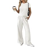 Fisoew Women 2 Piece Lounge Sets 2026 Casual Summer Outfits Short Sleeve Crop Tops Wide Leg Sweatpants Tracksuit