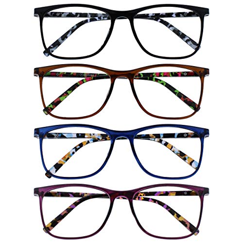 OPULIZE Arc Lesebrille 4er Pack Stilvolle Schlank Rechteckig Rahmen Gemusterte Buegel Federscharniere Kratzfest Schwarz Braun Blau Lila Herren Damen RRRR66-1235 +3.50