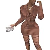 LuFeng Womens Satin Sexy Self Tie Front Long Sleeve 2 Piece Outfits Crop Top and Mini Bodycon Skirt Set