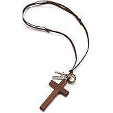 COOLSTEELANDBEYOND Leather Cord Necklace with Wooden Cross and Ring Charms, Mens Womens, Adjustable Brown Leather Cord