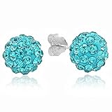 .925 Sterling Silver Aqua Blue 8mm Crystal Ball Stud Earrings