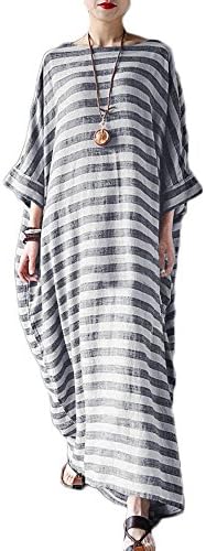 MMIRAG Women Plus Size Batwing Sleeve Cotton Loose Kaftan Dress Striped Casual Maxi Dresses with Pocket